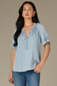 Powder Blue Short Cinched Flounce Sleeve Smocked Stand Collar V-Neck Embroidered Placket Woven Top