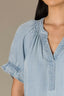 Powder Blue Short Cinched Flounce Sleeve Smocked Stand Collar V-Neck Embroidered Placket Woven Top