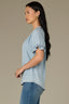 Powder Blue Short Cinched Flounce Sleeve Smocked Stand Collar V-Neck Embroidered Placket Woven Top