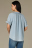 Powder Blue Short Cinched Flounce Sleeve Smocked Stand Collar V-Neck Embroidered Placket Woven Top