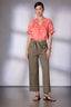 Papaya Punch Multi Short Half Cinched Raglan Sleeve Embroidered Overlap V-Placket Stand Collar Split V-Neck Smock Floral Print Woven Top