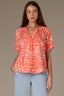 Papaya Punch Multi Short Half Cinched Raglan Sleeve Embroidered Overlap V-Placket Stand Collar Split V-Neck Smock Floral Print Woven Top