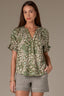 Rolling Hill Green Multi Short Half Cinched Raglan Sleeve Embroidered Overlap V-Placket Stand Collar Split V-Neck Smock Floral Print Woven Top