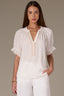 White Short Half Cinched Raglan Sleeve Embroidered Overlap V-Placket Stand Collar Split V-Neck Smock Woven Top