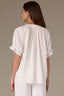 White Short Half Cinched Raglan Sleeve Embroidered Overlap V-Placket Stand Collar Split V-Neck Smock Woven Top