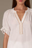 White Short Half Cinched Raglan Sleeve Embroidered Overlap V-Placket Stand Collar Split V-Neck Smock Woven Top