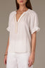 White Short Half Cinched Raglan Sleeve Embroidered Overlap V-Placket Stand Collar Split V-Neck Smock Woven Top