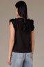Black Embroidered Double Ruffle Cap Sleeve Scallop Edge Mixed Media Scoop Neck Surplus Hem Knit Top