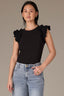 Black Embroidered Double Ruffle Cap Sleeve Scallop Edge Mixed Media Scoop Neck Surplus Hem Knit Top