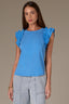 Cerulean Blue Embroidered Double Ruffle Cap Sleeve Scallop Edge Mixed Media Scoop Neck Surplus Hem Knit Top
