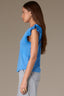 Cerulean Blue Embroidered Double Ruffle Cap Sleeve Scallop Edge Mixed Media Scoop Neck Surplus Hem Knit Top