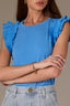 Cerulean Blue Embroidered Double Ruffle Cap Sleeve Scallop Edge Mixed Media Scoop Neck Surplus Hem Knit Top