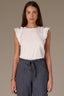 Off White Embroidered Double Ruffle Cap Sleeve Scallop Edge Mixed Media Scoop Neck Surplus Hem Knit Top