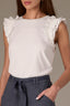 Off White Embroidered Double Ruffle Cap Sleeve Scallop Edge Mixed Media Scoop Neck Surplus Hem Knit Top