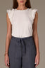 Off White Embroidered Double Ruffle Cap Sleeve Scallop Edge Mixed Media Scoop Neck Surplus Hem Knit Top