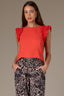 Poppy Red Embroidered Double Ruffle Cap Sleeve Scallop Edge Mixed Media Scoop Neck Surplus Hem Knit Top