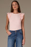 Whisper Pink Embroidered Double Ruffle Cap Sleeve Scallop Edge Mixed Media Scoop Neck Surplus Hem Knit Top