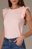 Whisper Pink Embroidered Double Ruffle Cap Sleeve Scallop Edge Mixed Media Scoop Neck Surplus Hem Knit Top