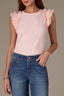 Whisper Pink Embroidered Double Ruffle Cap Sleeve Scallop Edge Mixed Media Scoop Neck Surplus Hem Knit Top