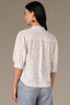 Off White Below Elbow Banded Lantern Ruffle Edge Sleeve Button Down Stand Collar V-Neck Scallop Edge Yoke Woven Shirt 