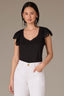 Black Flutter Puff Cap Die Cut Embroidery Sleeve Mixed Media Scallop Sweetheart Neck Petite Knit Top
