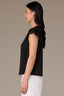 Black Flutter Puff Cap Die Cut Embroidery Sleeve Mixed Media Scallop Sweetheart Neck Petite Knit Top