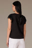 Black Flutter Puff Cap Die Cut Embroidery Sleeve Mixed Media Scallop Sweetheart Neck Petite Knit Top