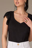 Black Flutter Puff Cap Die Cut Embroidery Sleeve Mixed Media Scallop Sweetheart Neck Petite Knit Top