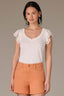 Off White Flutter Puff Cap Die Cut Embroidery Sleeve Mixed Media Scallop Sweetheart Neck Knit Top
