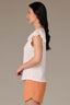 Off White Flutter Puff Cap Die Cut Embroidery Sleeve Mixed Media Scallop Sweetheart Neck Petite Knit Top