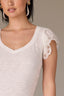 Off White Flutter Puff Cap Die Cut Embroidery Sleeve Mixed Media Scallop Sweetheart Neck Petite Knit Top