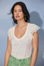Off White Flutter Puff Cap Die Cut Embroidery Sleeve Mixed Media Scallop Sweetheart Neck Knit Top
