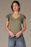Oregano Flutter Puff Cap Die Cut Embroidery Sleeve Mixed Media Scallop Sweetheart Neck Petite Knit Top