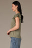 Oregano Flutter Puff Cap Die Cut Embroidery Sleeve Mixed Media Scallop Sweetheart Neck Petite Knit Top