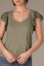 Oregano Flutter Puff Cap Die Cut Embroidery Sleeve Mixed Media Scallop Sweetheart Neck Petite Knit Top