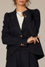 Dark Indigo Long Sleeve Puff Shoulder Single Button Flap Pocket Blazer
