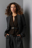 Chocolate Truffle Long Blouson Sleeve Open Front Round Collarless Neck Patch Pocket Sweater Cardigan
