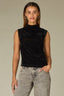 Black Sleeveless Mock Neck Pleated Asymmetrical Hem Knit Tank Top