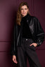 Black Drop Shoulder Blouson Sleeve Collar Neck Button Front Textured Back Center Seam Straight Hem Faux Leather Petite Jacket
