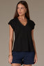 Black Cap Sleeve Ribbed Rounded V-Neck Lace Trim Knit Top