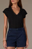 Black Cap Sleeve Ribbed Rounded V-Neck Lace Trim Knit Top