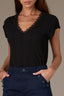 Black Cap Sleeve Ribbed Rounded V-Neck Lace Trim Knit Top