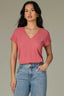 Coral Glow Cap Sleeve Rounded V-Neck Lace Detail Ribbed Shirttail Hem Knit Top