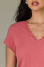 Coral Glow Cap Sleeve Rounded V-Neck Lace Detail Ribbed Shirttail Hem Knit Top
