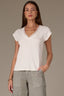 Off White Cap Sleeve Rounded V-Neck Petite Knit Top with Lace Trim