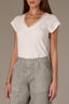 Off White Cap Sleeve Ribbed Rounded V-Neck Lace Trim Knit Top
