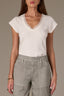 Off White Cap Sleeve Rounded V-Neck Petite Knit Top with Lace Trim