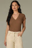 Wheat Cap Sleeve Rounded V-Neck Petite Knit Top with Lace Trim