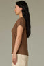 Wheat Cap Sleeve Rounded V-Neck Lace Detail Ribbed Shirttail Hem Knit Top
