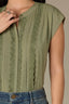Basil Extended Shoulder Cap Sleeve Hidden Button Down Placket Crochet Trim Pleated Back Yoke Round Stand Collar Mixed Media Petite Woven Top

